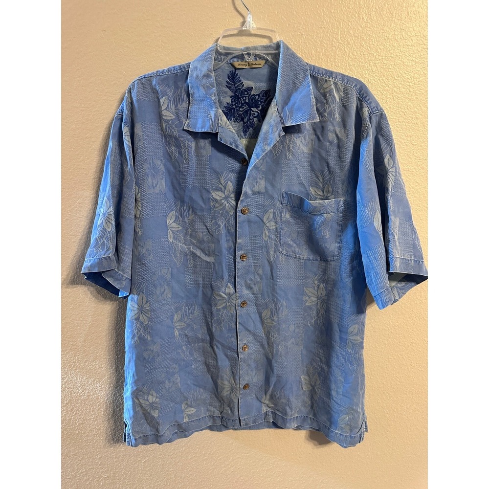Tommy Bahama Silk Camp Shirt Floral Embroidered Details Blue Size L‎